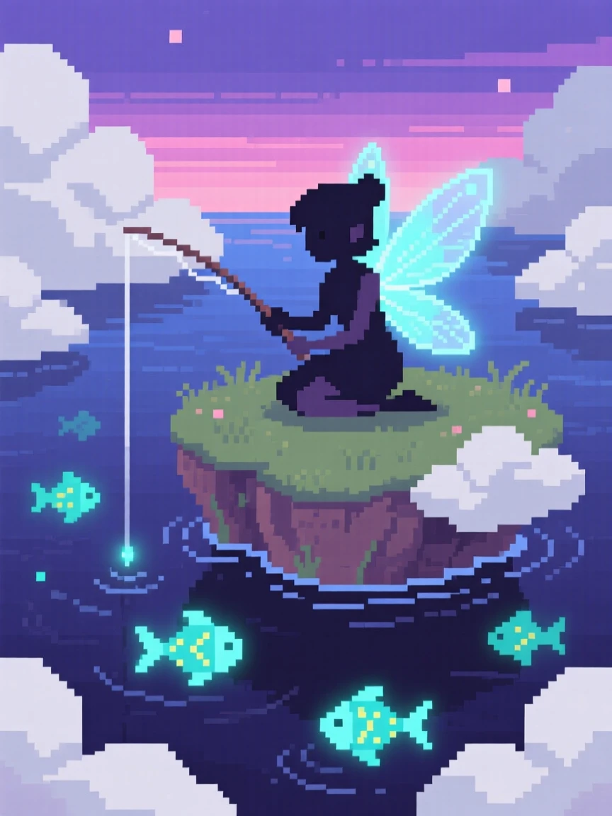 A tiny fairy with glowing wings fishing for glowing river fish at twilight, atop a floating island surrounded by clouds.