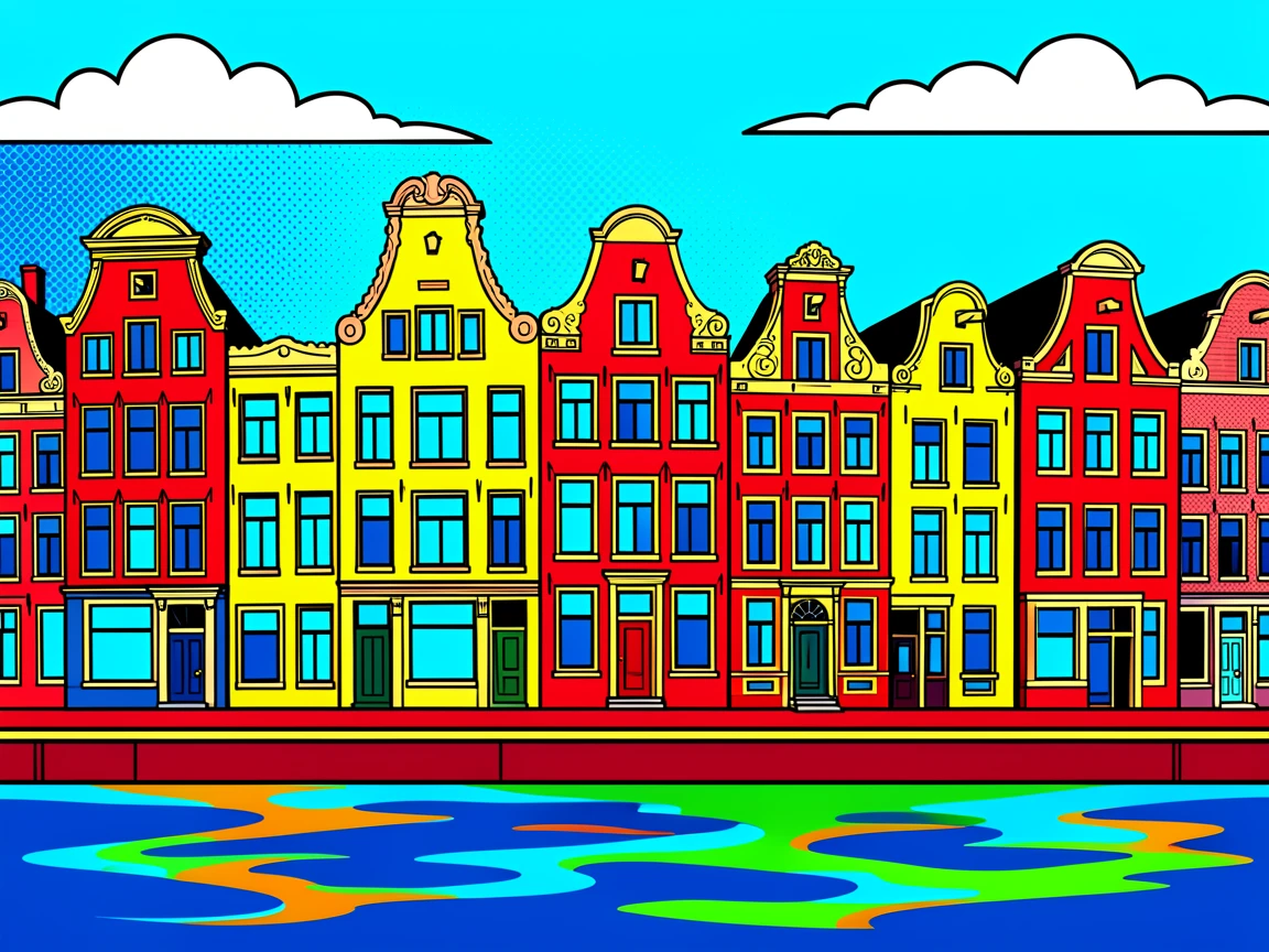 A row of elaborate houses along a canal in Amsterdam