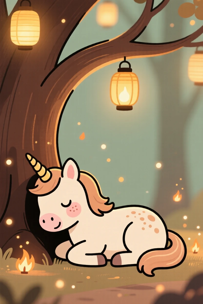 A unicorn foal rests beneath a tree hung with lanterns in an enchanted forest, surrounded by tiny sparkling embers that drifts gently through the air.
