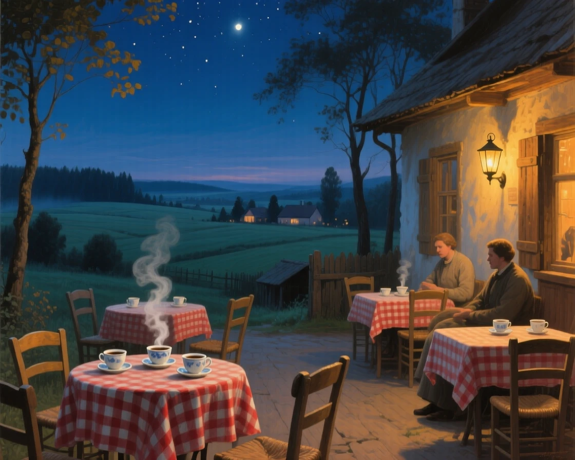 An expansive vista of a small café with checkered tablecloths and steaming cups of coffee, under the night sky, in rural Poland.