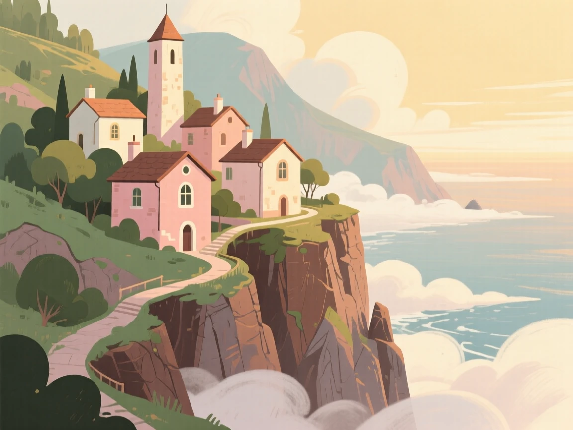A steep mountain village clinging to a cliffside above the clouds