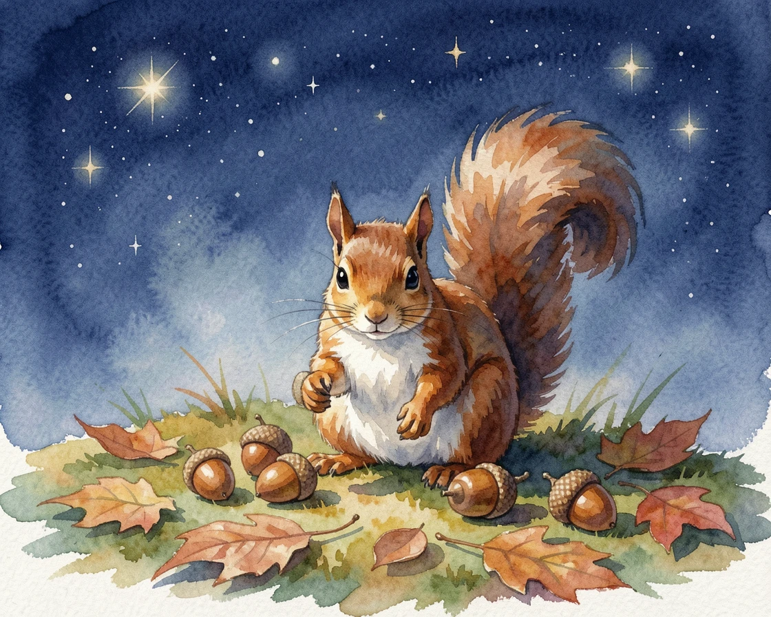 A squirrel gathering acorns beneath a starry sky looking curiously at the viewer.