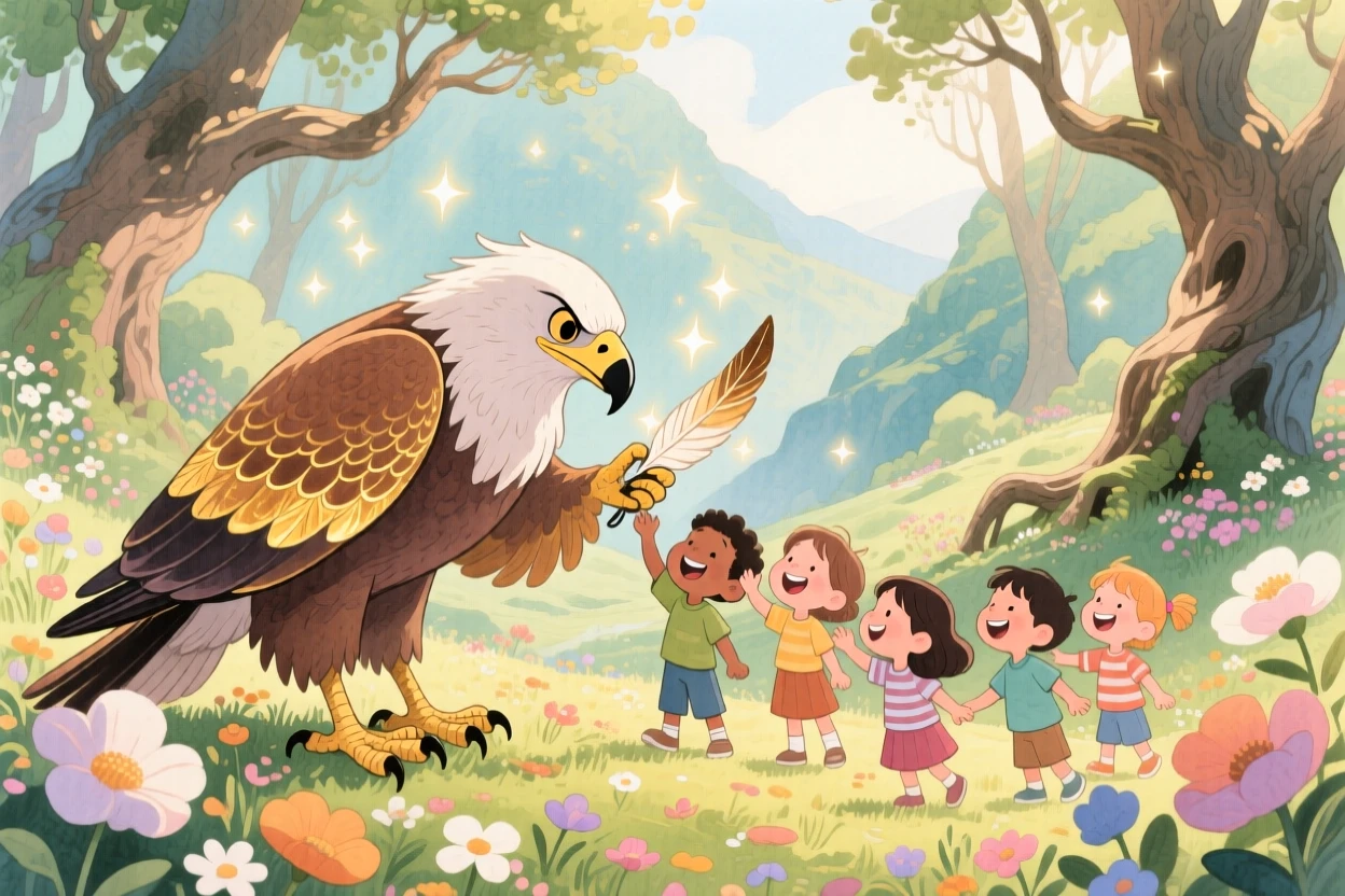 A wise old griffin playing with a group of delighted children, in a hidden valley untouched by time, radiating gentle magic and wonder.