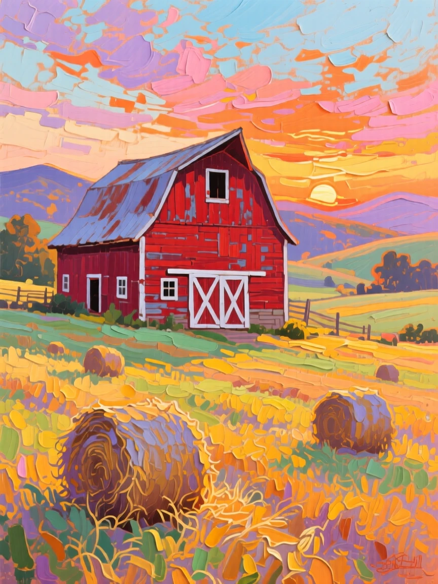 a red barn beyond rolling hay fields, at sunrise, with a clear foreground, subject, and distant setting.