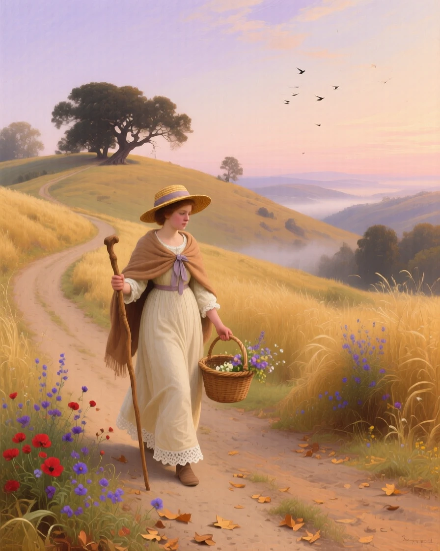 A young shepherdess descends into a dusty road winding through golden hills in the hush of early morning.