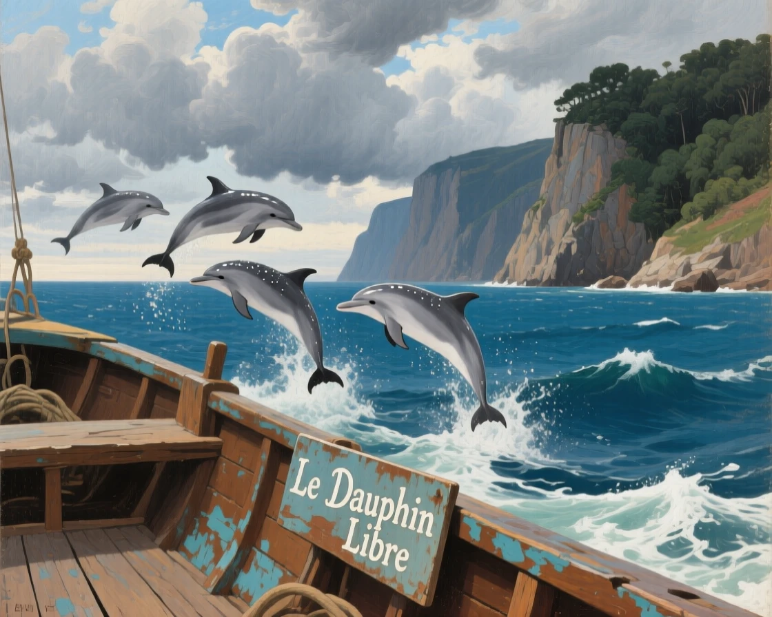 A school of dolphins leaping playfully alongside a boat's wake, framed against a vast and dramatic natural backdrop, designed to feel both intimate and awe-inspiring