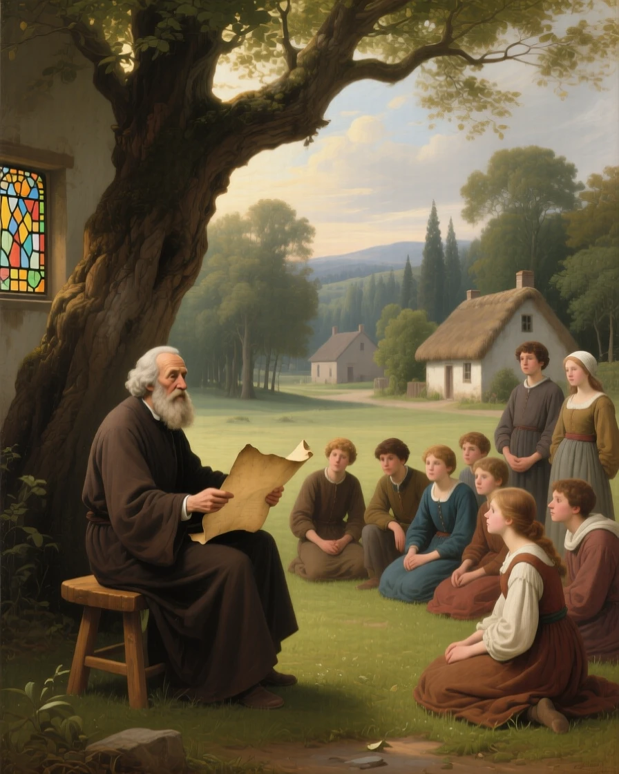 A philosopher teaching students beneath the shade of an ancient tree at the quiet culmination of a long inner journey, set within a humble village at the edge of a quiet forest, with soft, radiant light breaking gently through clouds or stained glass; quiet, uncluttered space allows the emotional core room to breathe, suggesting the enduring comfort of belief and community.