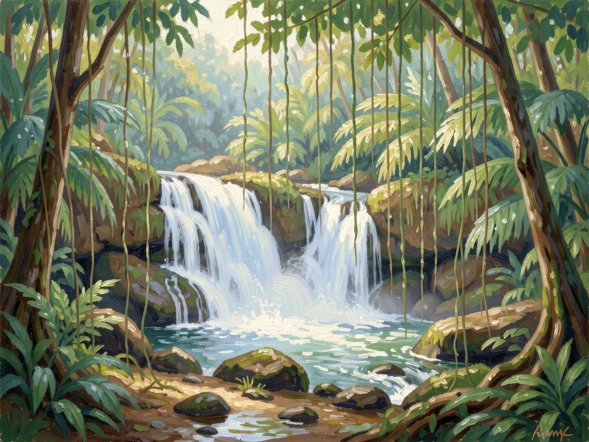 A hidden waterfall behind a curtain of hanging vines deep within a tropical rainforest.