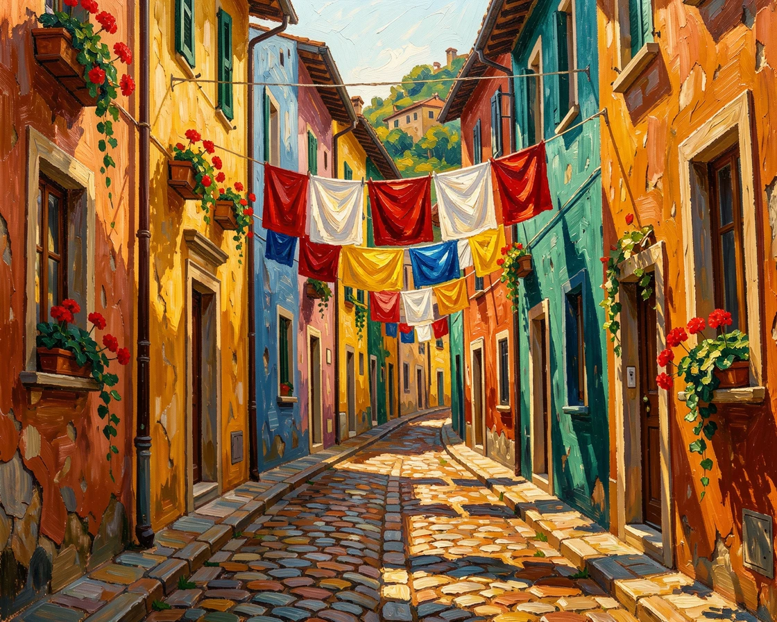 A cobblestone street in a hillside Italian village, laundry strung between colorful buildings overhead.