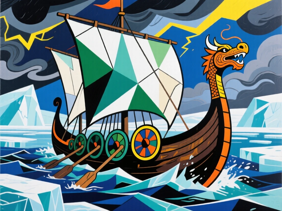 A Viking longship cutting through icy fjord waters beneath a stormy sky.