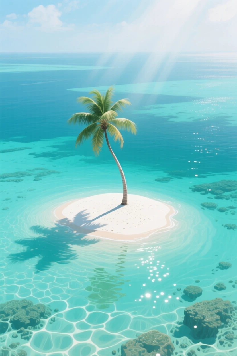A tropical island paradise in the Maldives shows a single palm tree on a tiny sandbar surrounded entirely by gradient turquoise water from above, the air carrying a faint mist that softens distant shapes without obscuring the overall view.
