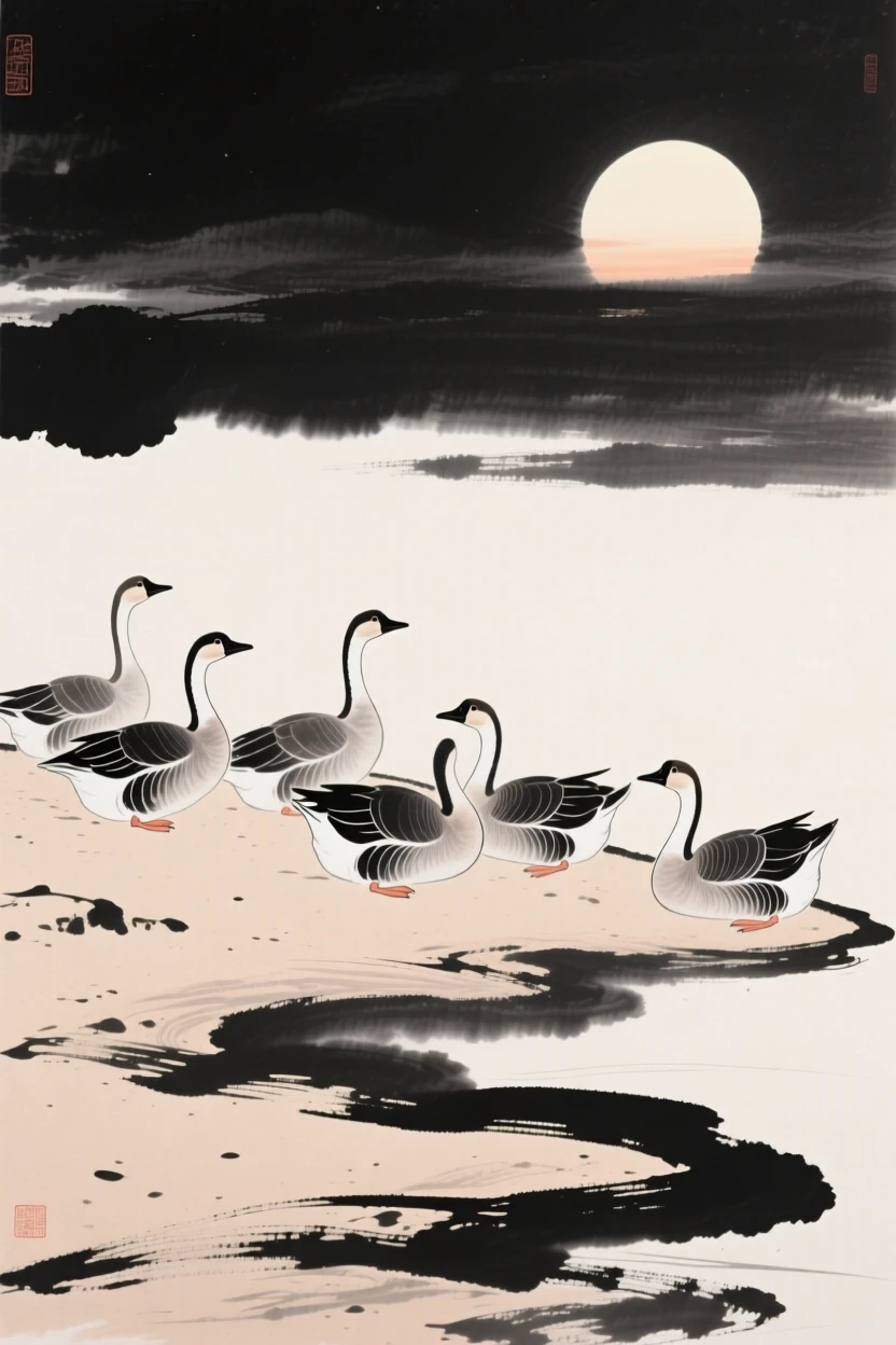 A flock of geese rests on a sandbar at dusk, with the moon rising large and pale behind them.