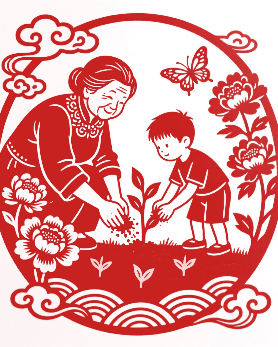 A grandmother and grandson planting seedlings together in a small garden plot, dirt on both their hands
