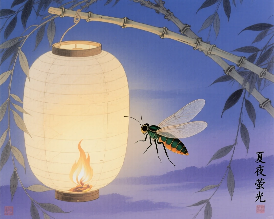 A single firefly near a paper lantern at twilight