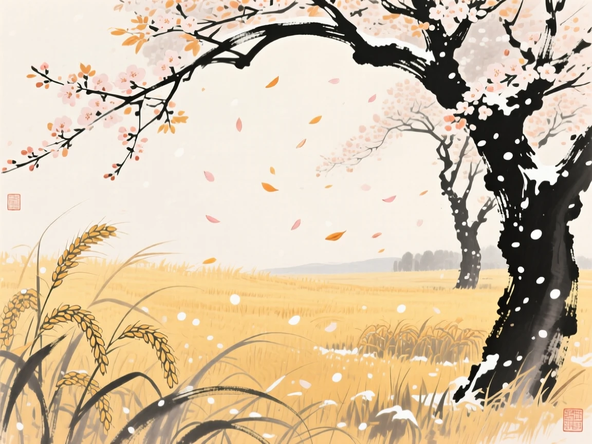 A harvest celebration in a golden autumn field beneath a canopy of blossoming trees, framed through drifting petals or falling snow for depth, carrying a joyful yet peaceful atmosphere.
