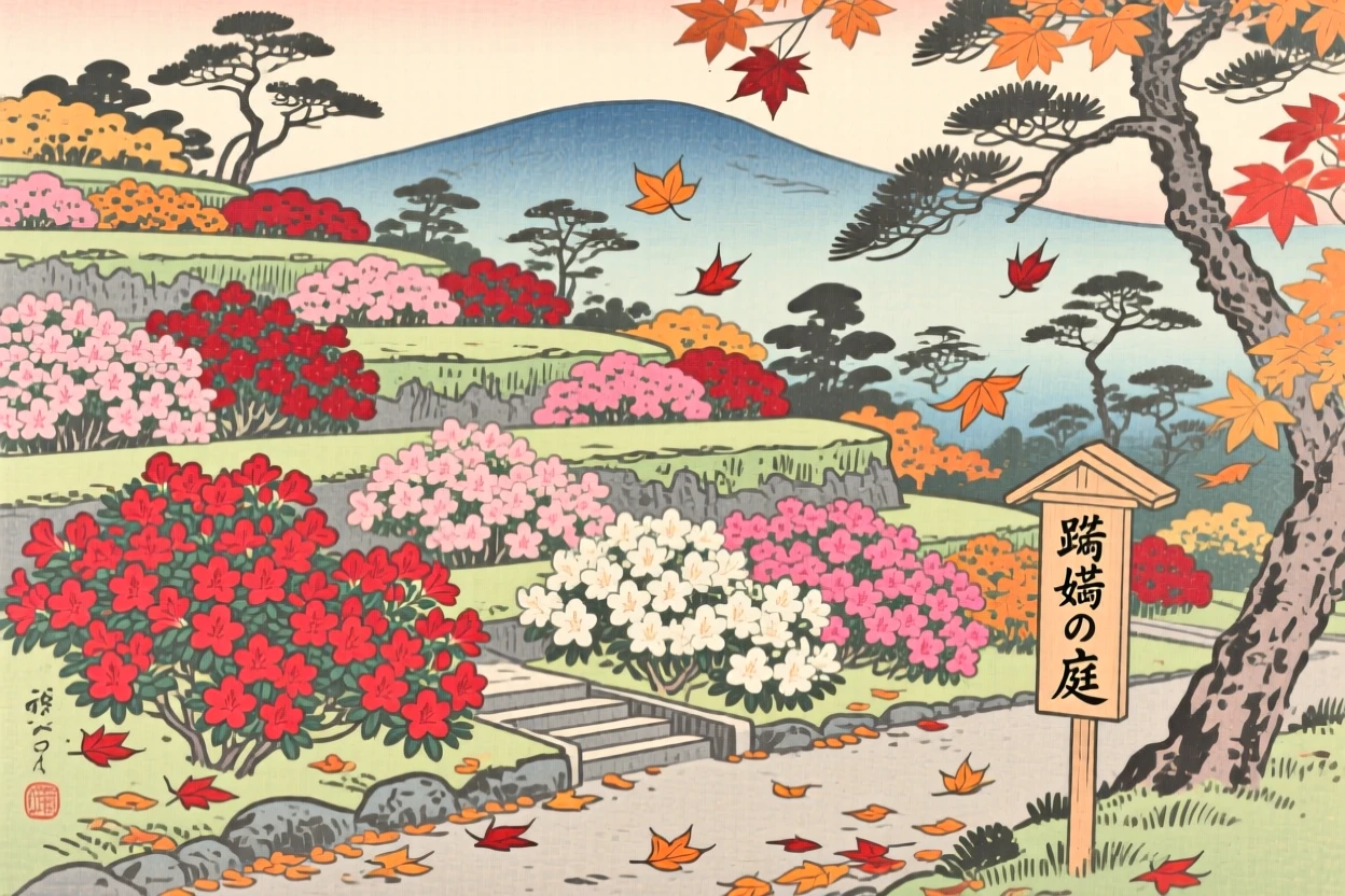 A terraced azalea garden, surrounded by drifting autumn leaves.