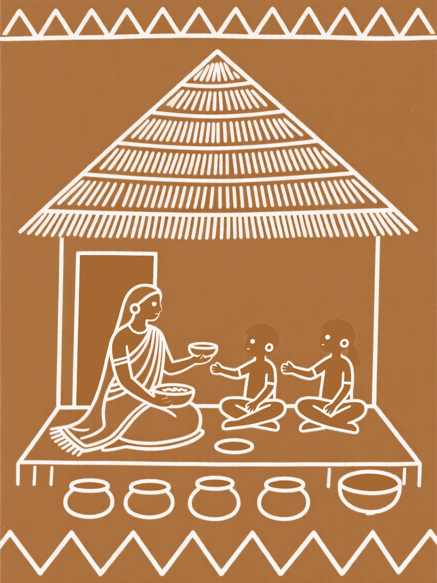 A widow and her grandchildren sharing a quiet meal together on the veranda of a small house.