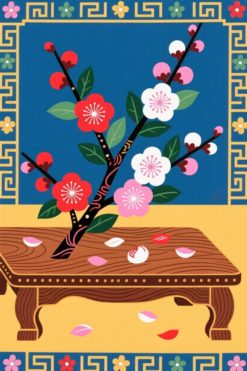 A still arrangement of a branch of plum blossoms scattered across a low wooden table.