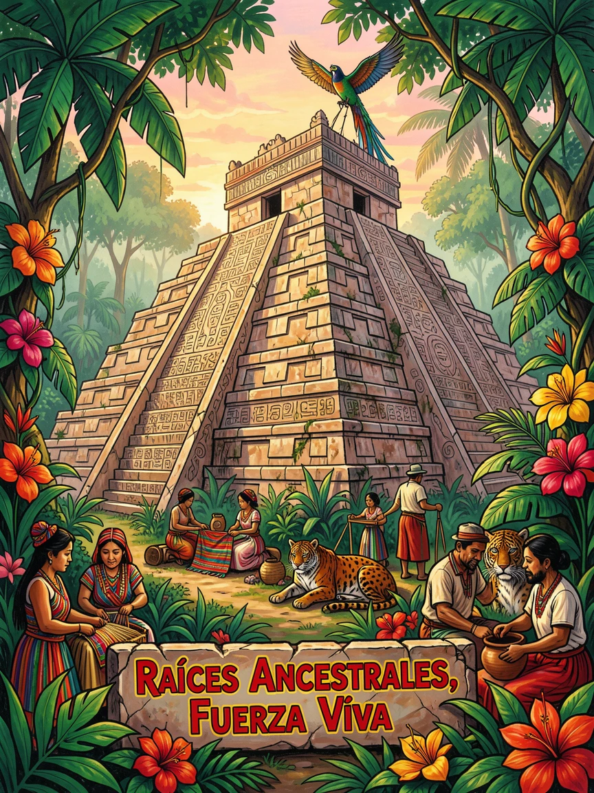 A grand stone pyramid rising above a jungle canopy at dawn