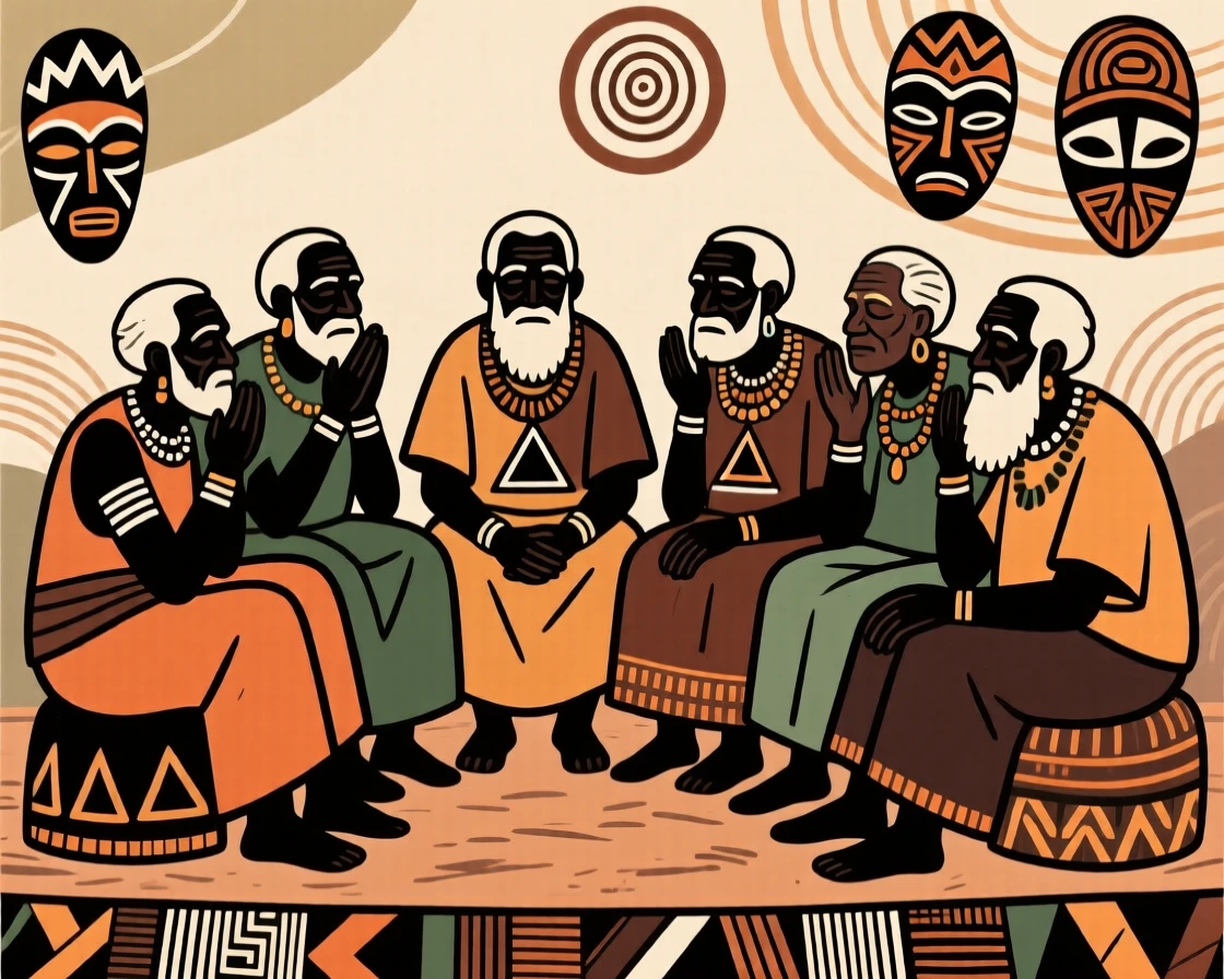 A circle of village elders reflecting on the wisdom of past generations.