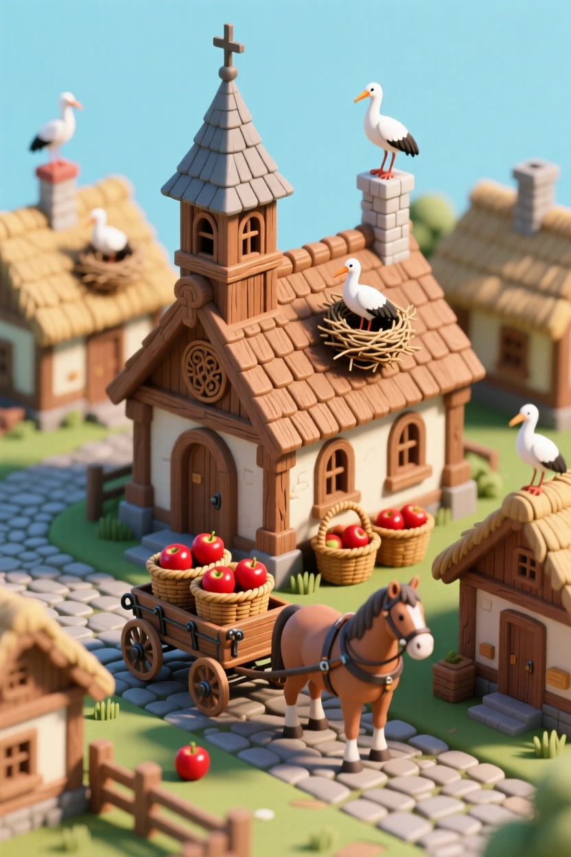 A miniature Polish village with a wooden church, storks nesting on chimney tops, and a horse-drawn cart delivering baskets of apples.
