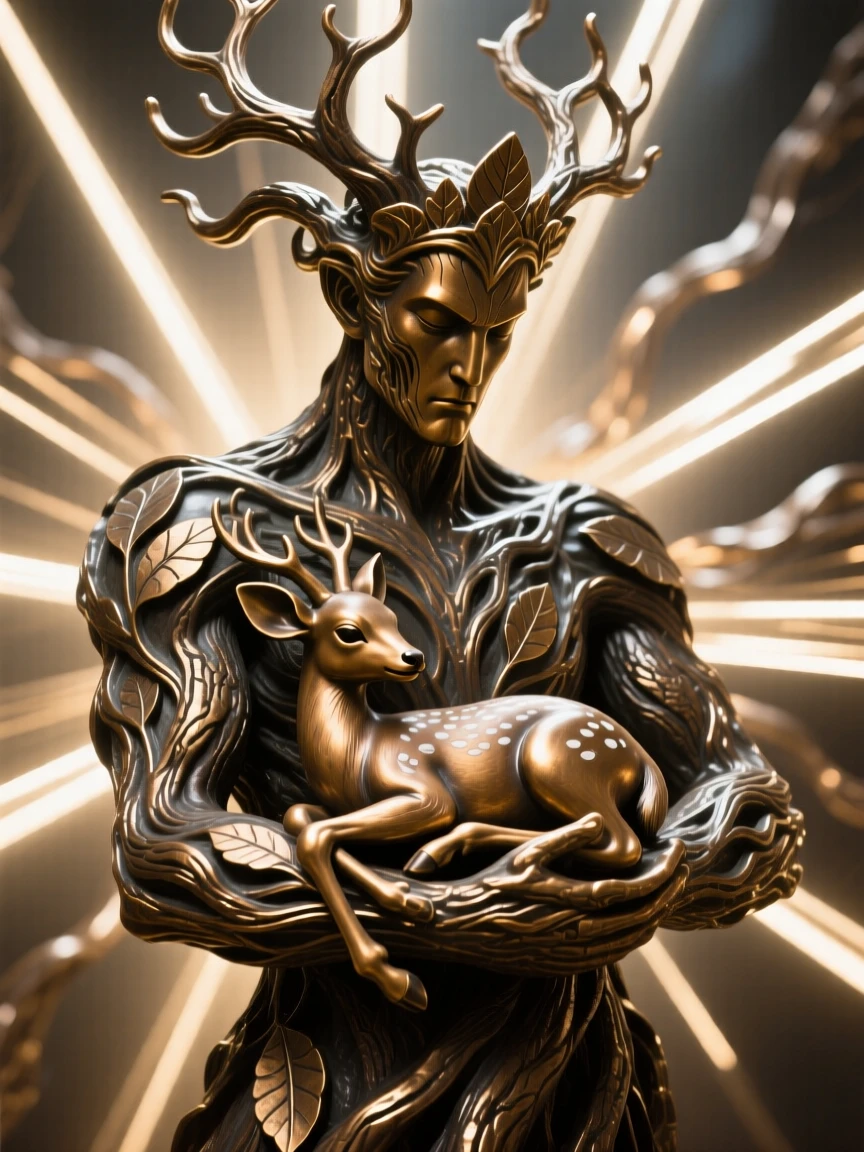 An ancient tree spirit cradling a newborn fawn, surrounded by radiant beams of light, radiating awe and grandeur