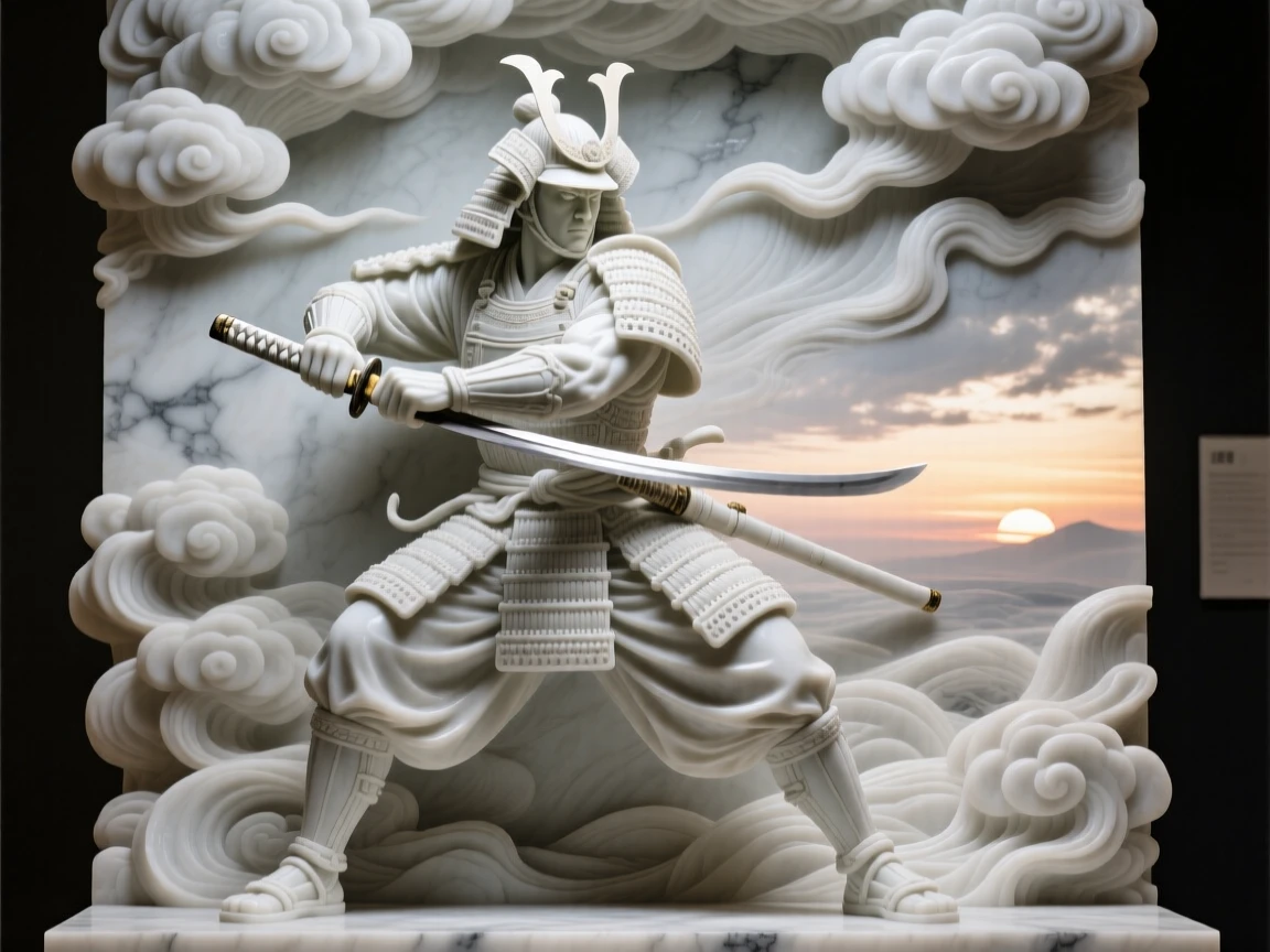 A samurai warrior drawing his blade at dawn, framed by dramatic storm clouds, radiating power and legend