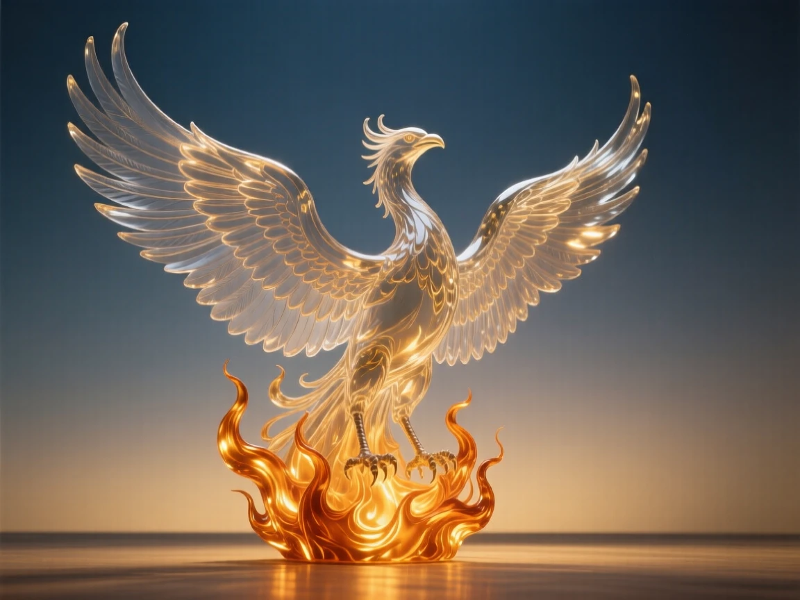 A phoenix rising in a burst of flame at golden hour with warm rays breaking through the clouds, epic scale composition, inspiring a sense of wonder and hope.