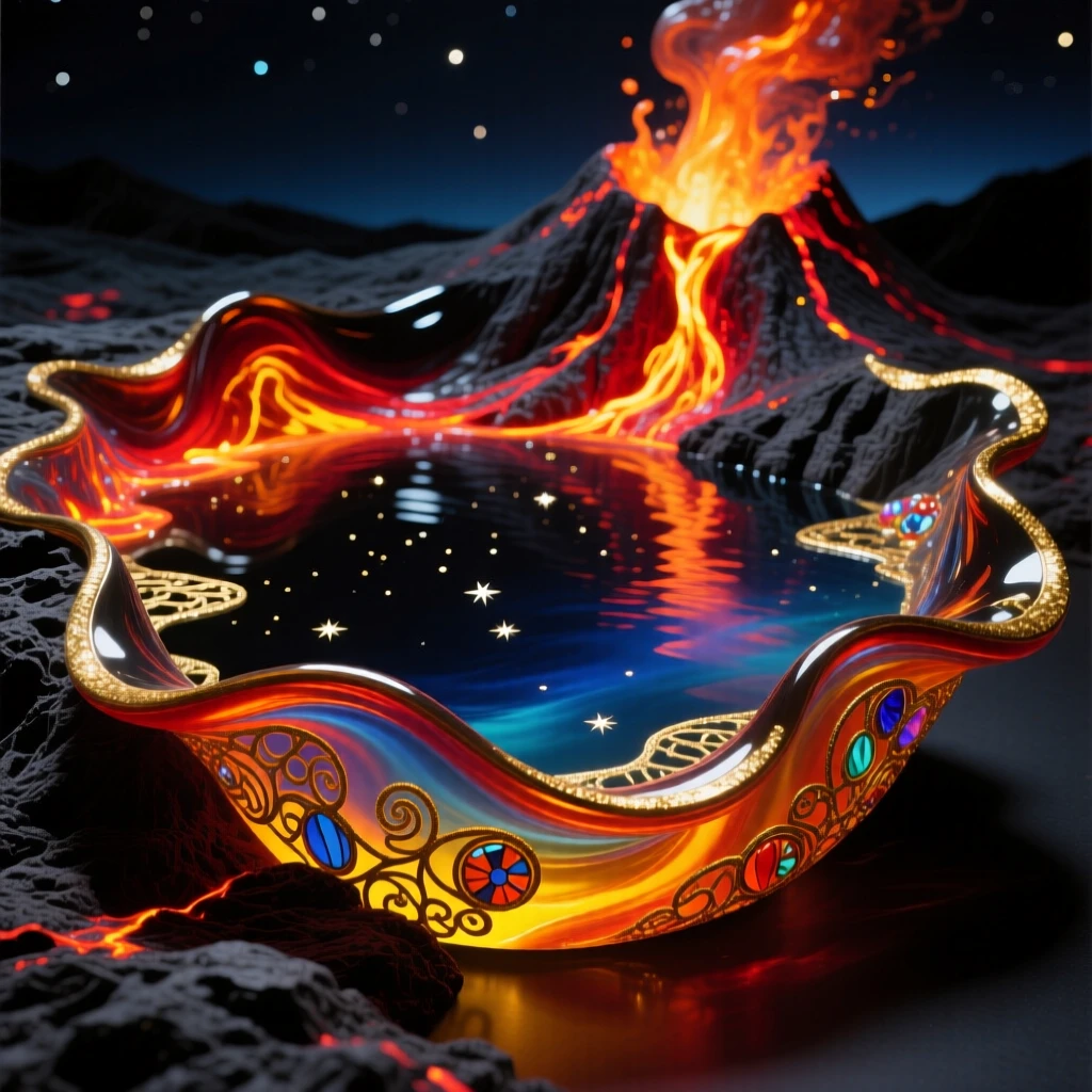 A glowing volcanic crater lake reflecting starlight at night, otherworldly and awe-inspiring.
