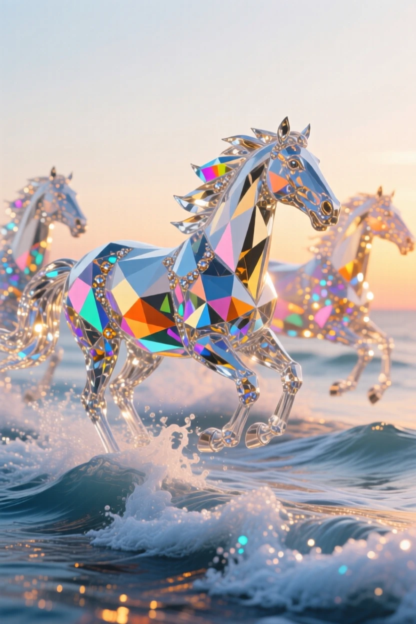 A herd of wild horses running through shallow ocean waves at sunset.