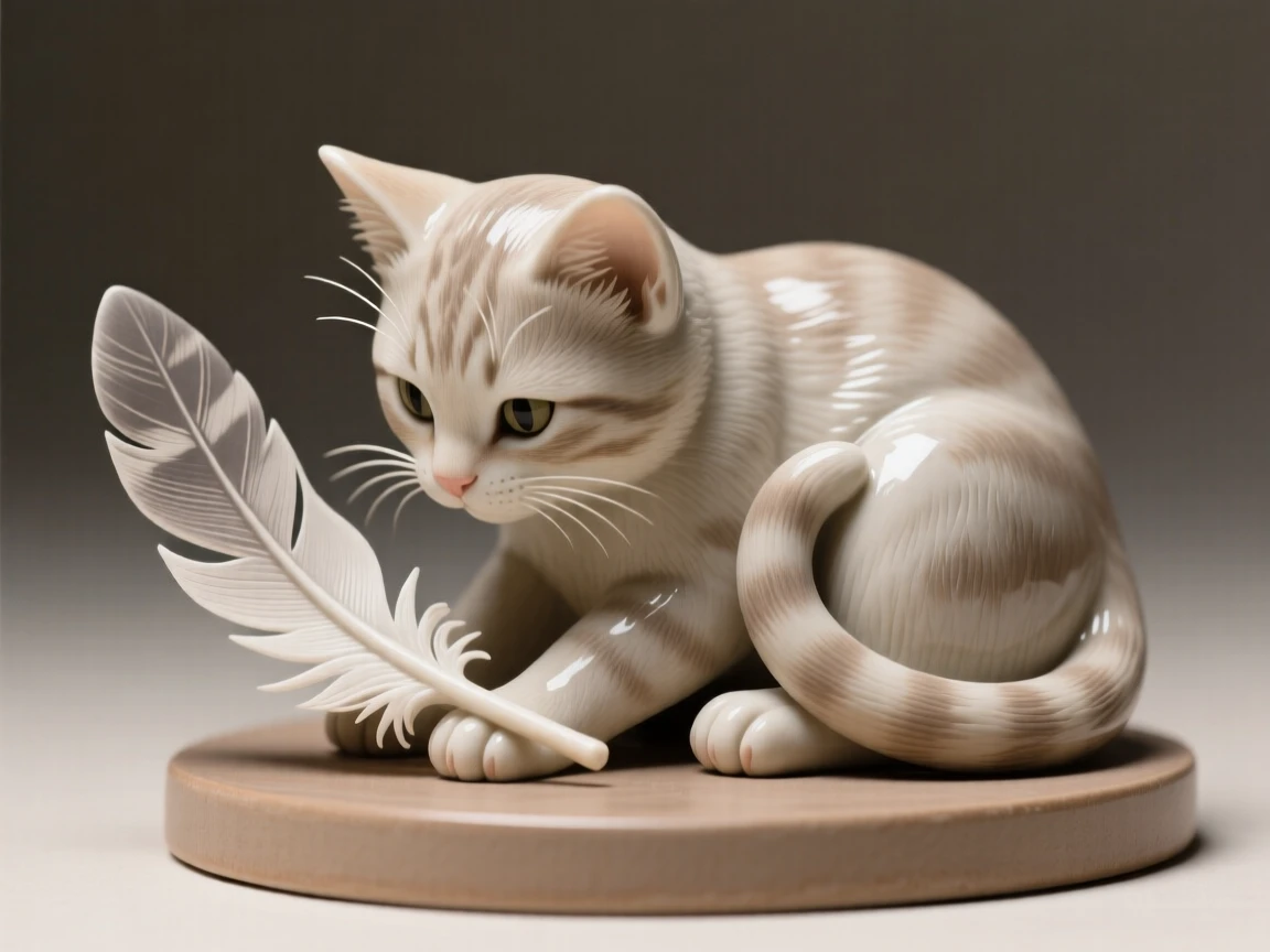 A kitten batting at a feather curled protectively around its young, with delicate whiskers catching the light, offering a serene glimpse into nature's stillness.