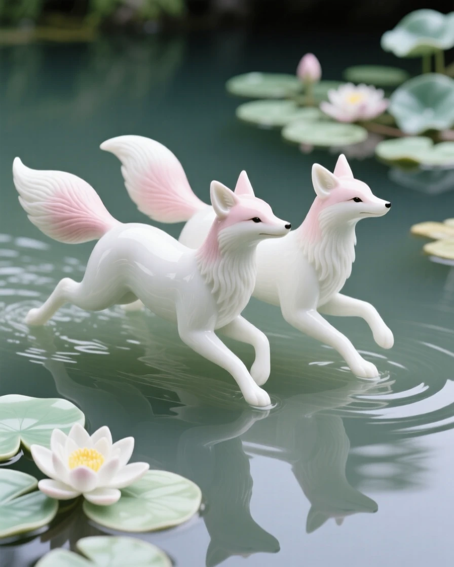 A pair of foxes gliding together across a still pond beside a lily-covered pond.