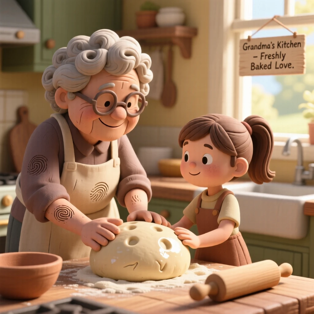 A grandmother teaching her granddaughter to knead bread dough in a sunlit kitchen