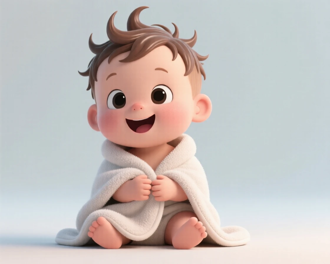 A baby boy sits wrapped in a fluffy towel after bath time, hair sticking up in wet spikes as he giggles.