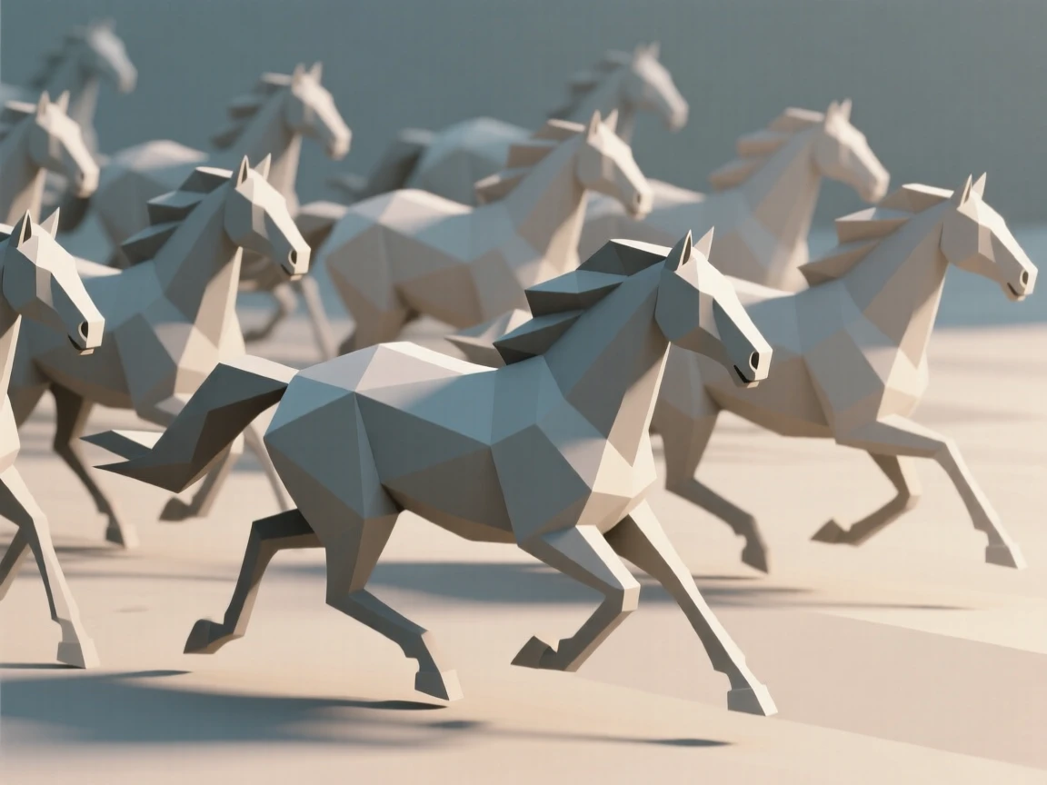 A herd of wild horses galloping freely, in the soft light of late afternoon. soft natural light highlights every texture. The scene feels calm and majestic.