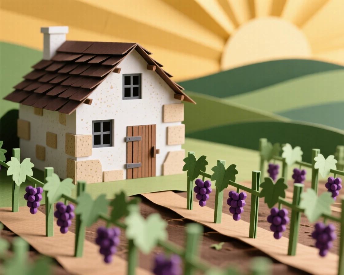 A quiet countryside vineyard at golden hour, neat rows of grapevines stretching toward a rustic stone farmhouse, evoking rustic European romance.