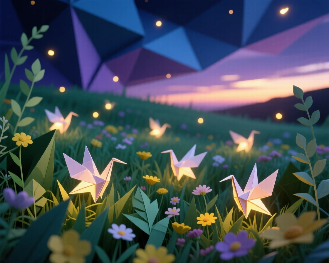 A meadow filled with fireflies glowing softly at dusk beneath a darkening sky.