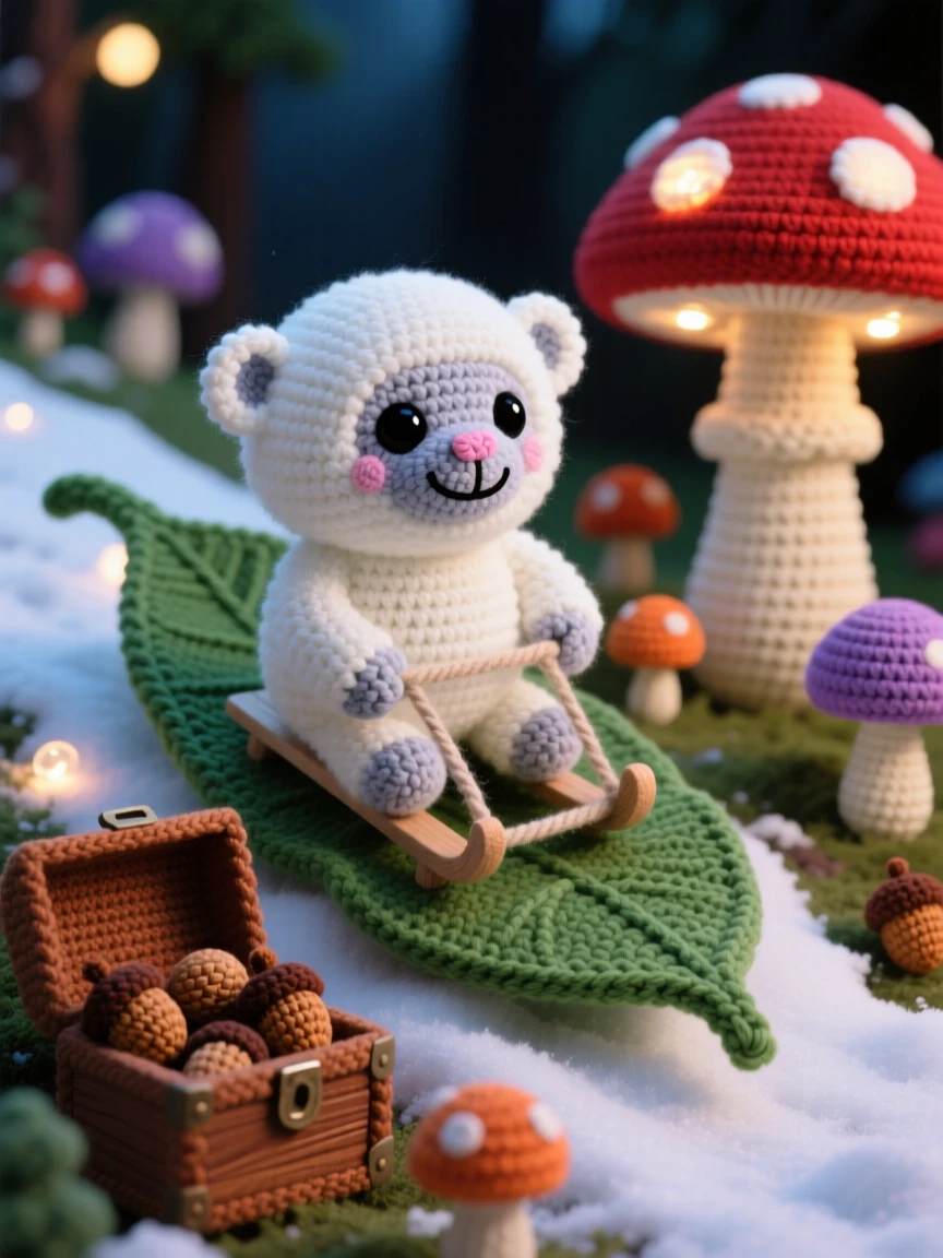 a round snow yeti cub, with fluffy white fur, sledding down a hill on a large leaf, within a glowing mushroom forest at twilight, near a small wooden chest overflowing with acorns, radiating a warm, protective tenderness.
