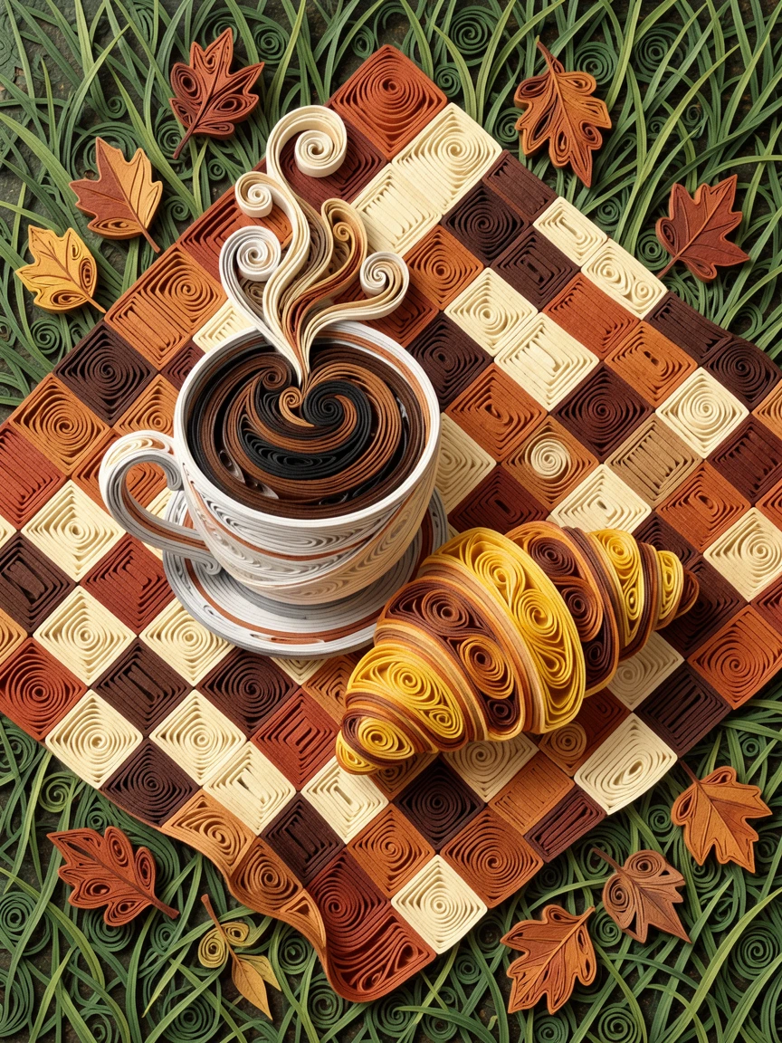 A cozy still life of a steaming cup of coffee beside a flaky croissant on a checkered picnic blanket in a park, in cozy autumnal tones of rust and brown, arranged in an appetizing overhead flat-lay composition.