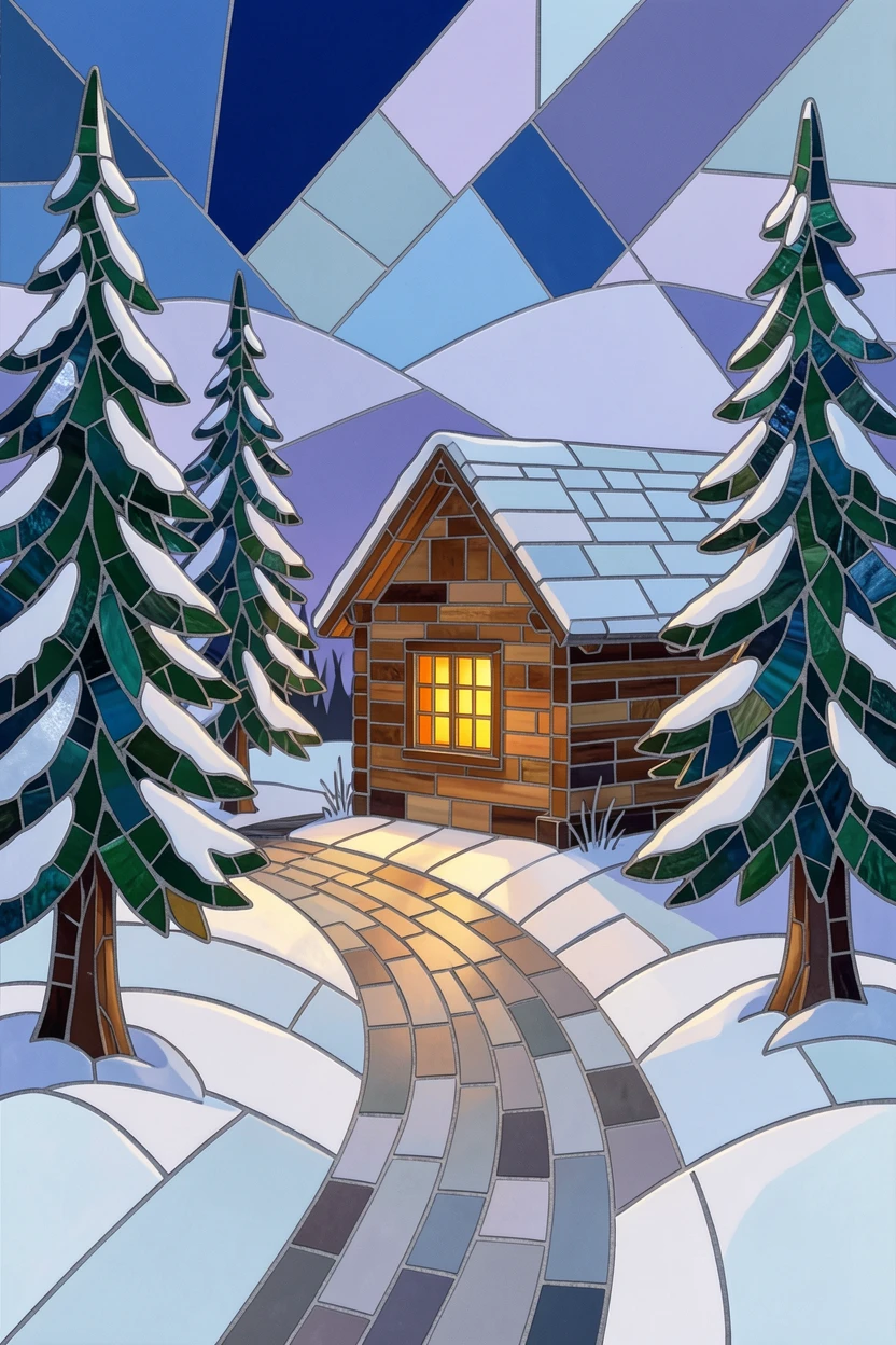 A quiet snow-covered forest path leading to a glowing cabin window.
