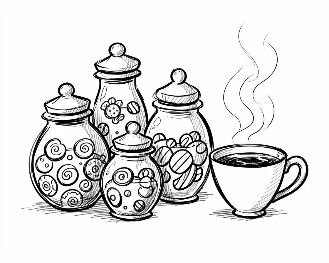 A candy shop display of jars placed beside a cup of tea.
