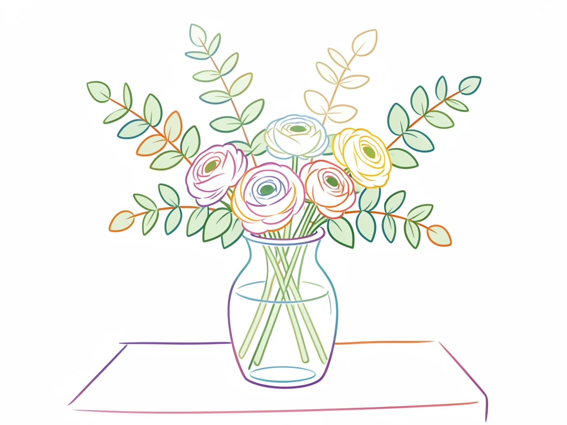 A vase of eucalyptus branches paired with white ranunculus on a table.