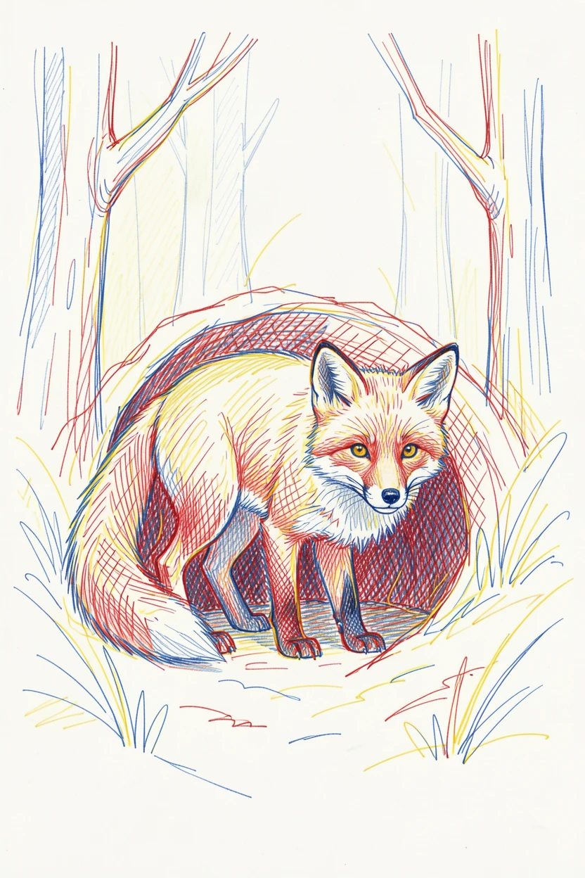 A curious fox cub peeking out from behind its mother in a forest den
