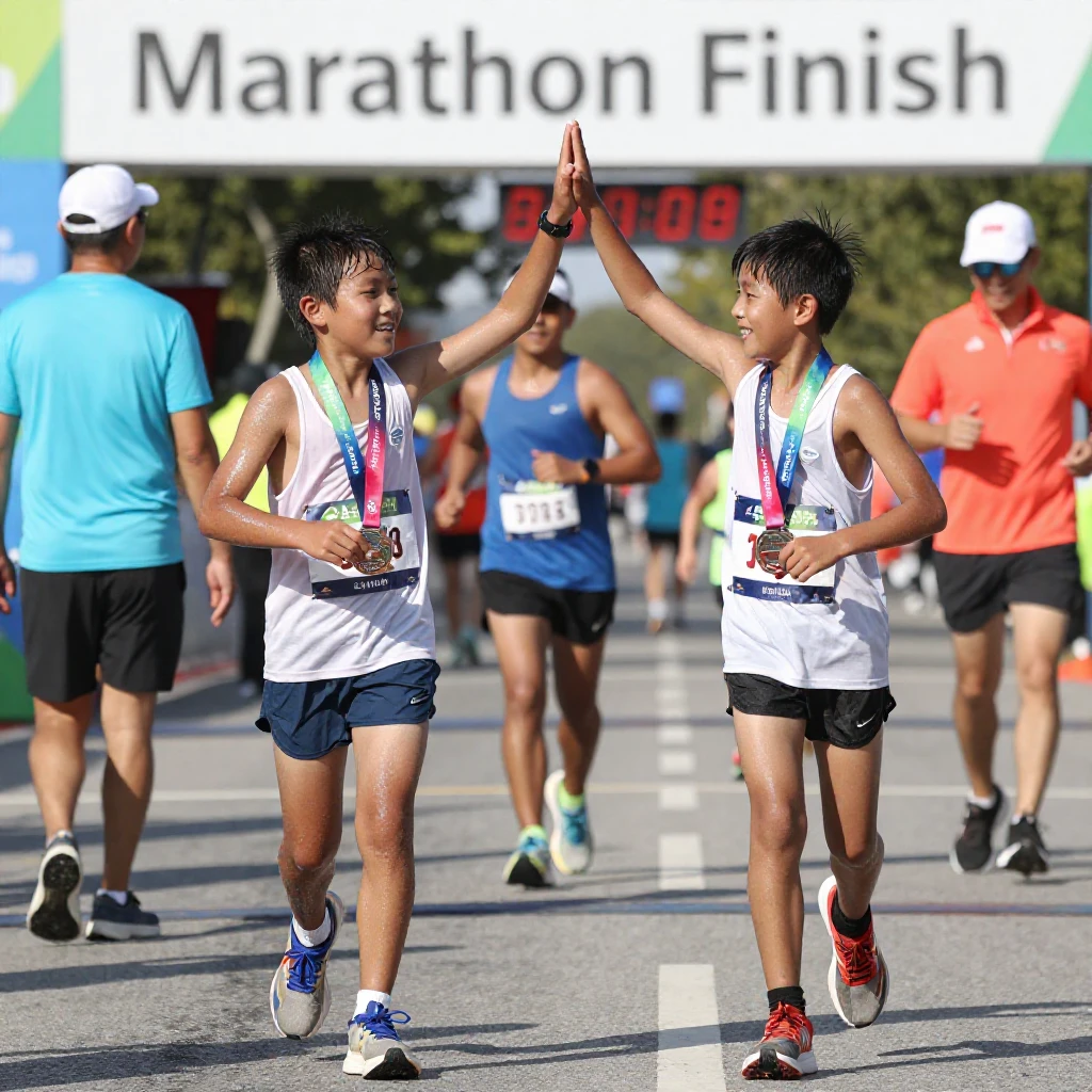 A pair of twins high-five after crossing a marathon finish line together, medals swinging from their necks.