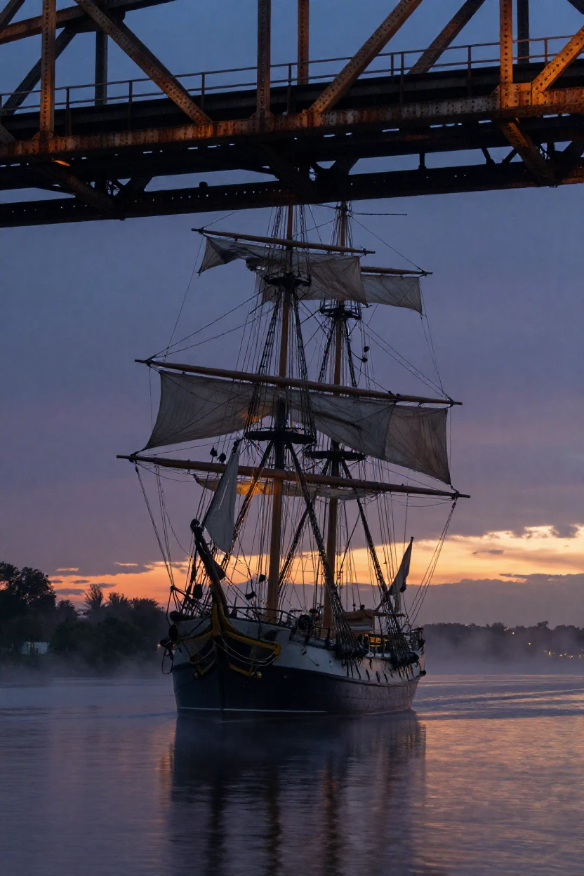 A tall-masted sailing ship crossing an old iron bridge under a darkening evening sky