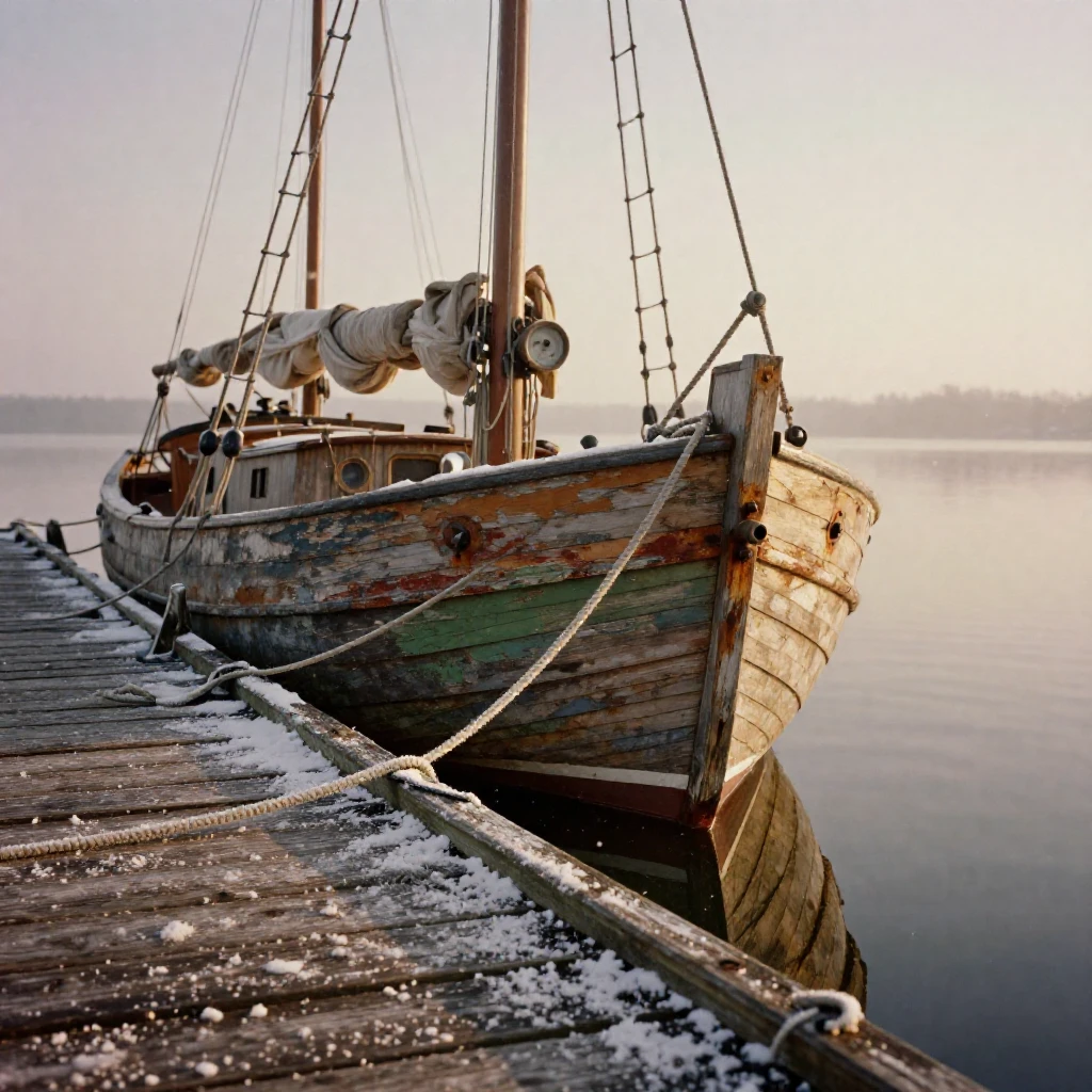An old wooden sailboat moored at a weathered dock, in warm morning light, amid gently falling snow, in the depths of winter, with muted olive and rust colors, in a tight close-up.