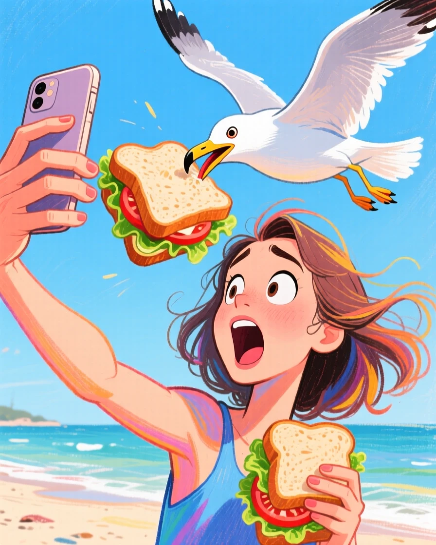 A woman trying to take a selfie while a seagull steals the sandwich from her hand.