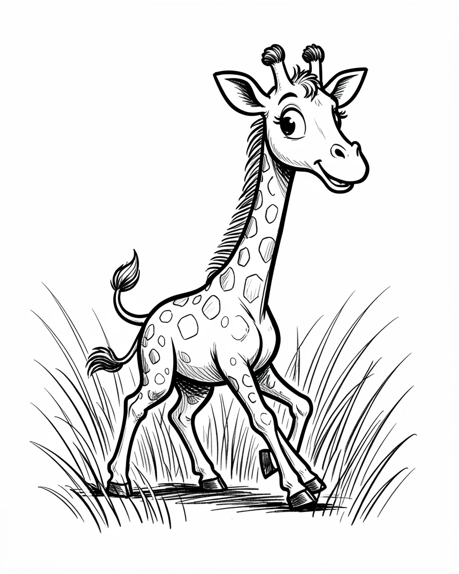 [Cute Animals & Pets] Adorable scene of a wobbly baby giraffe taking its first steps in tall grass, bursting with charm and playful energy