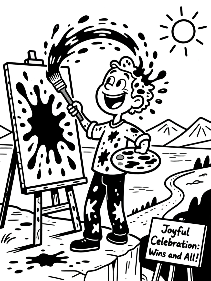 A painter splattered head to toe in colorful paint, flinging a paintbrush that splatters across the canvas, set at the edge of a scenic overlook. Paint splatters form an accidental abstract masterpiece. It's a joyful celebration of trying your best, wins and all.