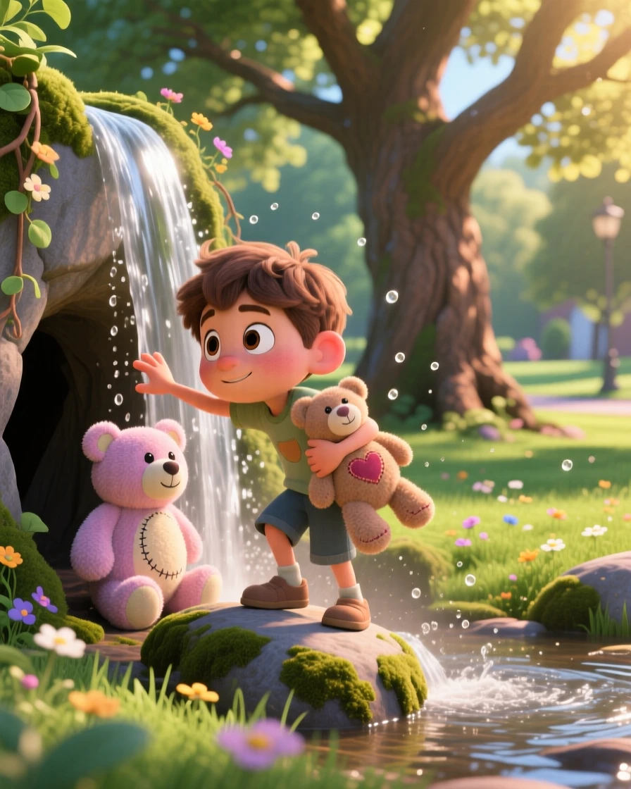 A boy discovering a secret hideout behind a waterfall takes place at a neighborhood park with a big old oak tree, with a stuffed animal tucked under one arm. The mood is playful, curious, and full of imagination.